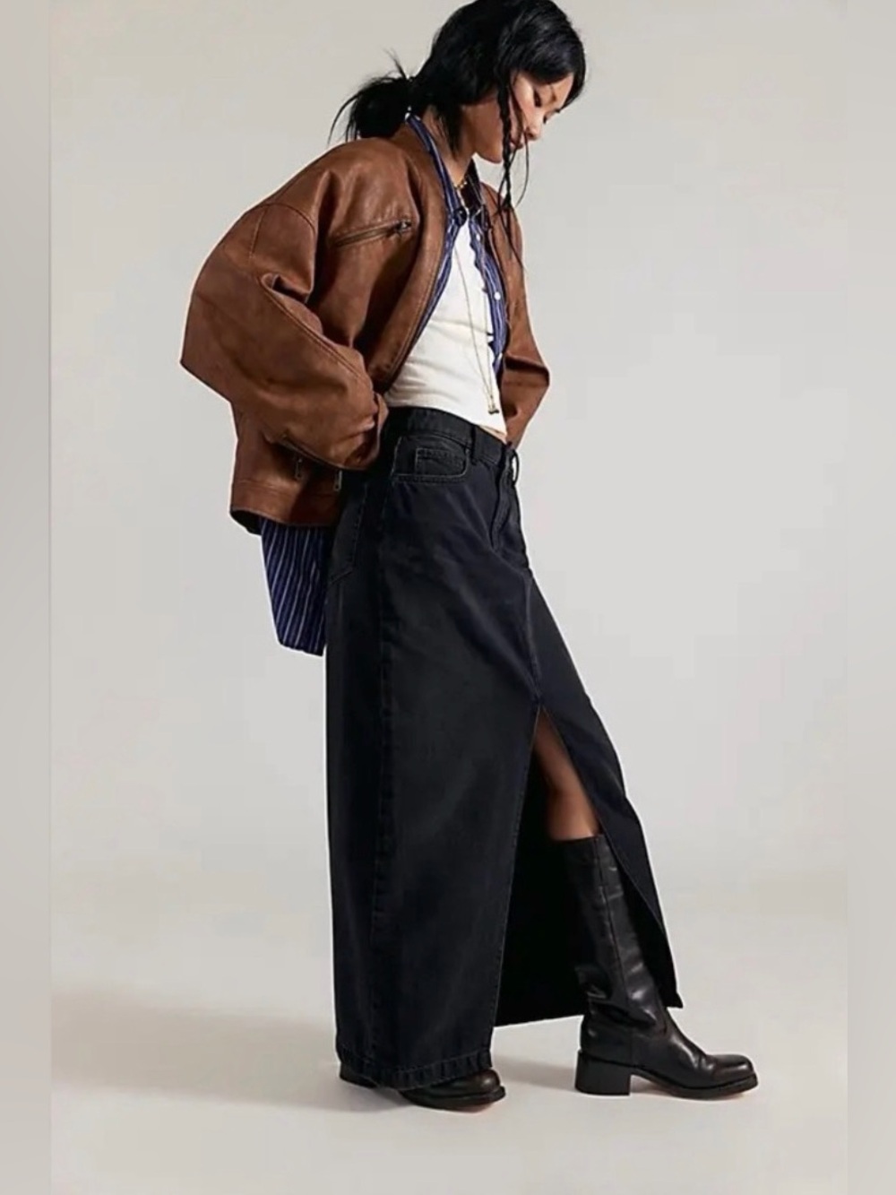 NWT We The Free Nothing Better Denim Maxi Skirt in Black Size 30